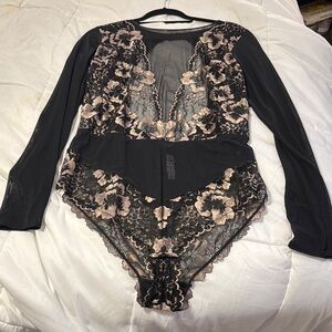 Auden Black and Pink Floral Lace Bodysuit